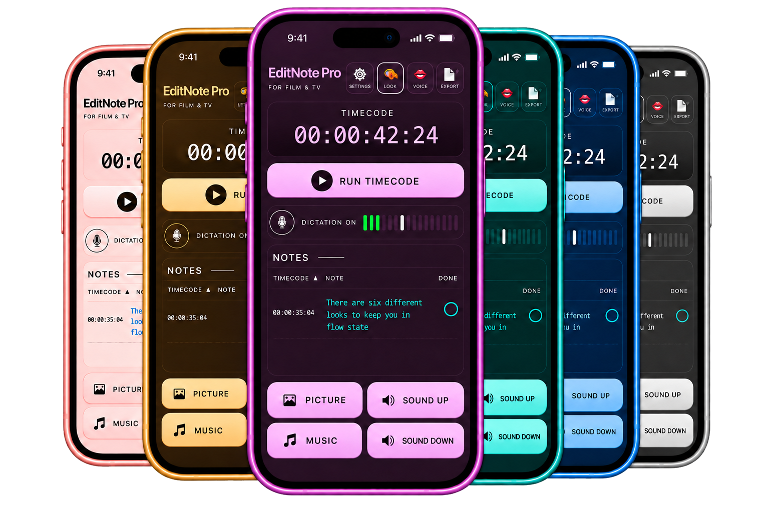 EditNote Pro’s colour themes displayed across a range of iPhones.
