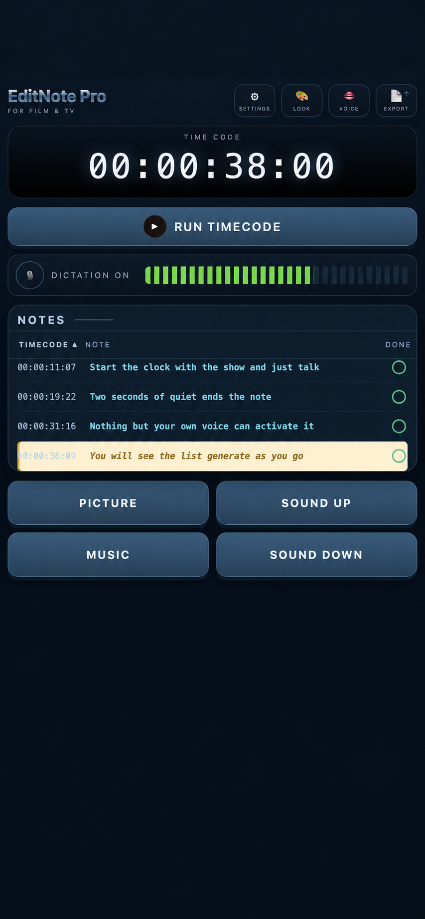 EditNote Pro capturing a spoken note with a running timecode and dictation meter.